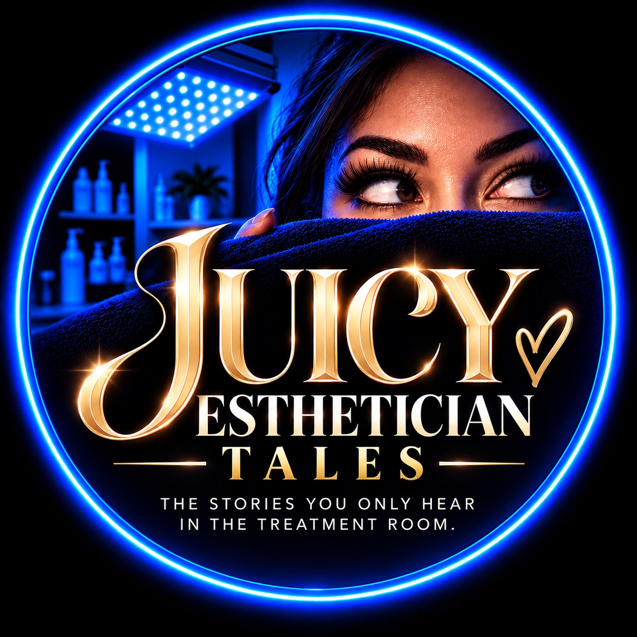 Juicy Esthetician Tales logo with electric blue light and gold lettering